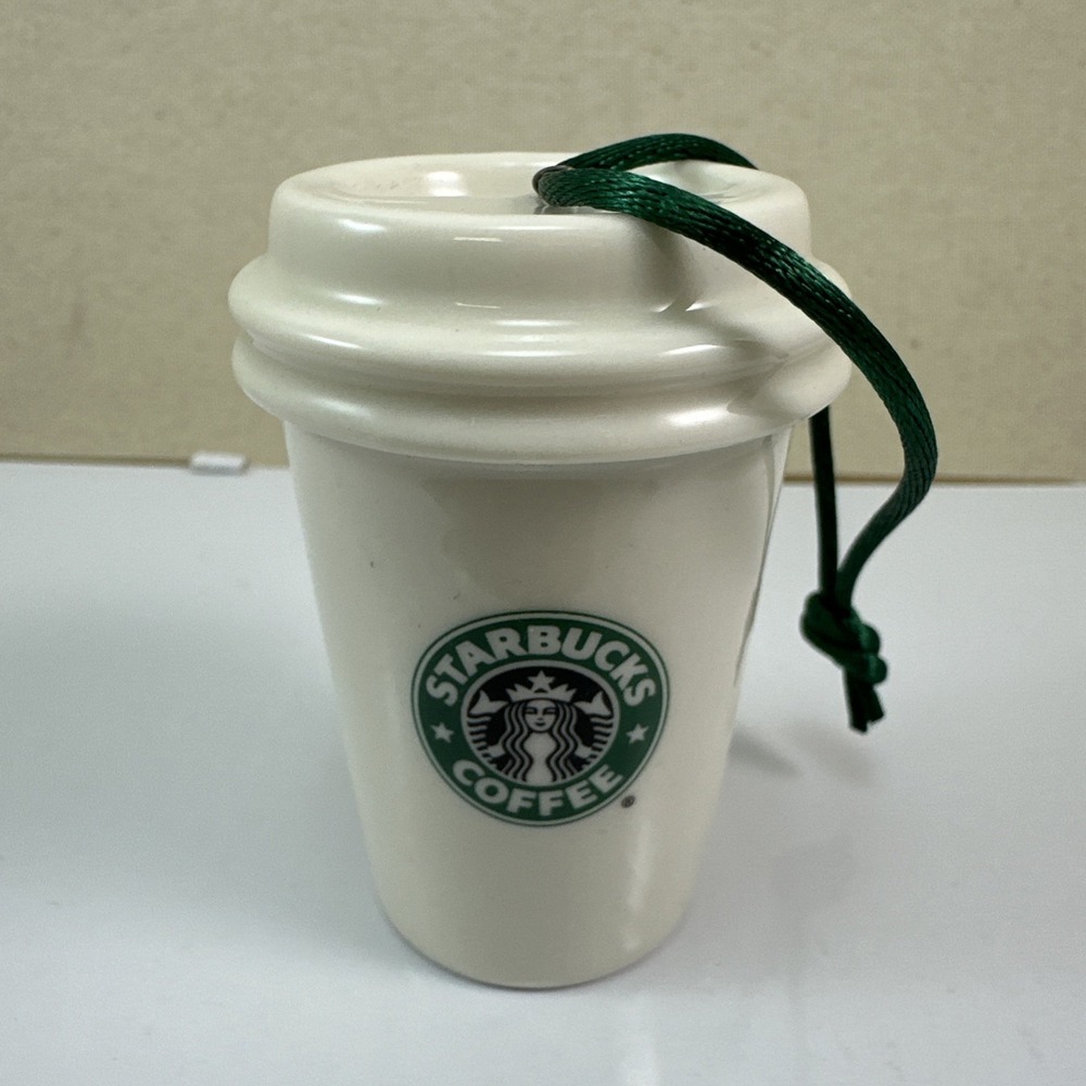 Starbucks 2011 Christmas Ornament Tumbler To Go Cup White w/ Green Logo